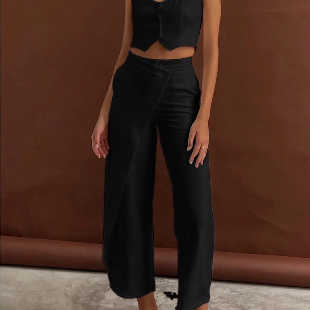 Commense Black Asymmetric Wide-Leg Pant Set - Picture 2 of 5